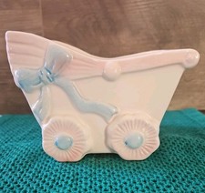 Vintage Baby Buggy Planter Ceramic Taiwan Nursery Baby Shower Decor Pink Blue...