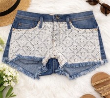 Roxy Denim Shorts Daisy Dukes Cut Off White Lace Overlay Stretch Juniors 0/24