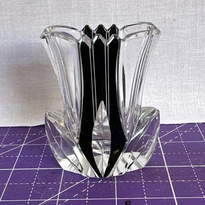 KLEINSCHLIFF KLAR ART DECO(?) GLASKNOSPENVASE MIT SCHWARZER EMAILLE