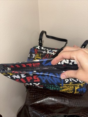 DKNY Tilly Fold Over Backpack Graffiti Logo Black Multicolor 