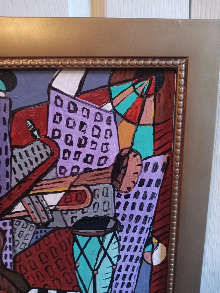 Instrumentos musicales cubistas modernistas de colección pintura y paisaje urbano firmados AVZ 1971 Foto 4 de 4