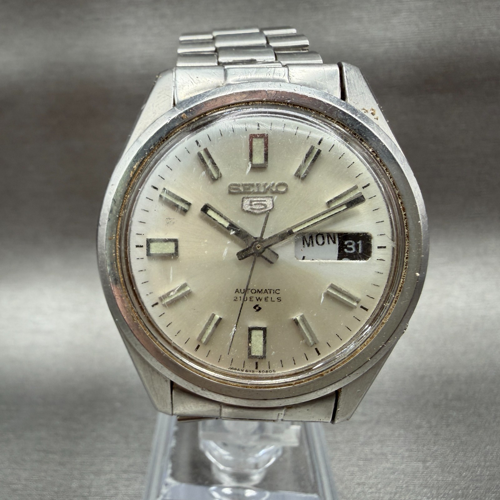 Dial READ!! Watch White Daydate Silver Tone 5 Seiko Automatic 37mm Men 6119-8083 - vintagewatches.pk