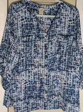 Faded Glory Womens Plus 3X Blue Print Button Up Shirt 3/4 Tab Sleeve Pockets