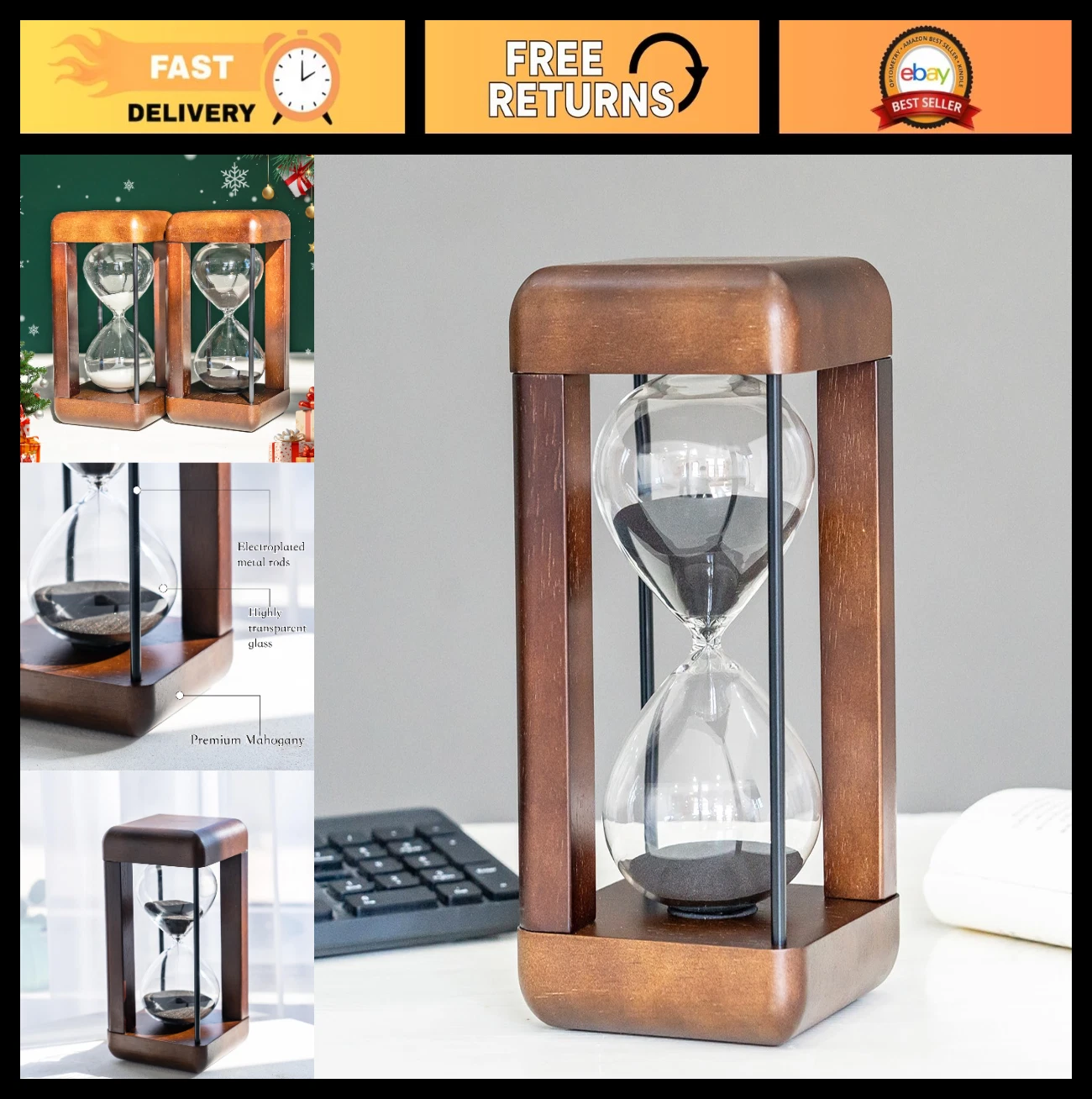 Large Walnut Hourglass 60-Minute Sand Timer - Home Decor, Office Gift, Wedding D