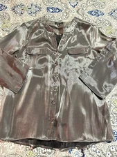 Elementz Women’s Blouse Shiny Gray Large Button Up Top Shirt Roll Tab Sleeves