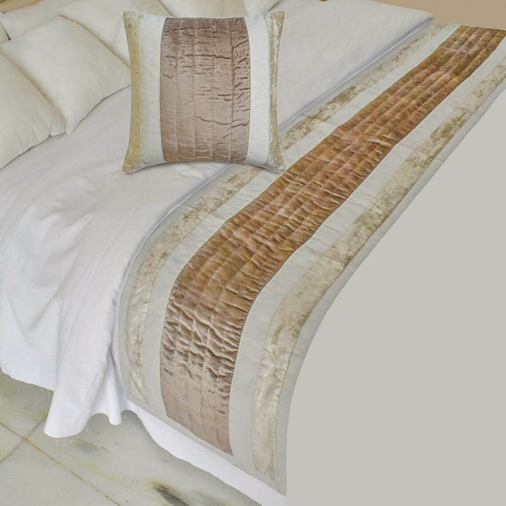 Designer Beige Velvet Twin Bed Runner, Velvet & Patchwork - Luxe Velvet Lines