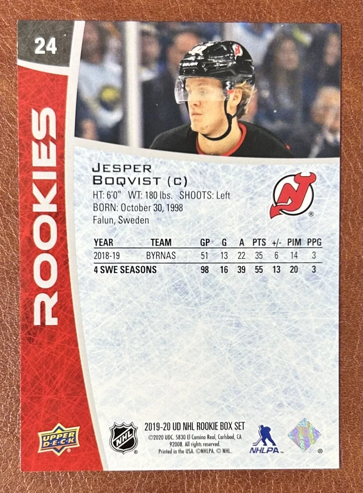 Jesper Boqvist 2019-20 Upper Deck NHL Rookie Box Set Hockey Card Mint UD #24 - Image 2 of 2