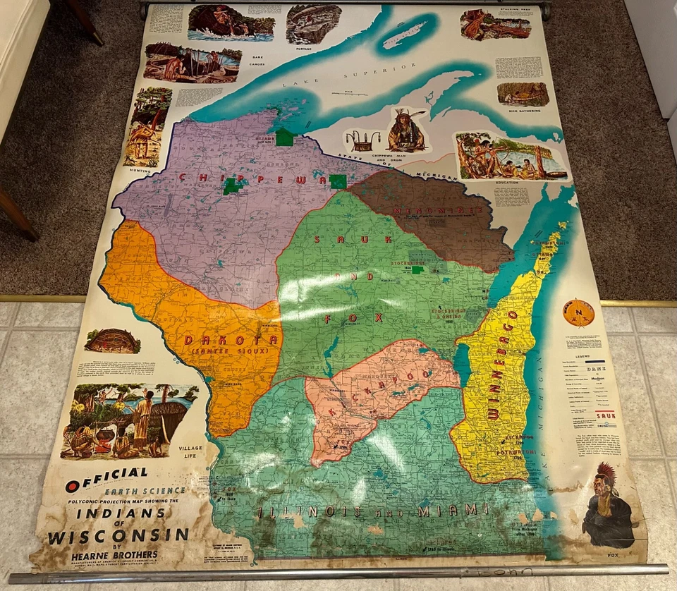 Винтажная выдвижная школьная карта Hearne Brothers индейцы Висконсина 1940 - 1950-е - Изображение 4 из 4