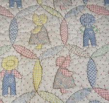 Vintage Sunbonnet Quilt Gingham Ruffle Bonnet Dutch Girl Sue 36" x 37" Blanket