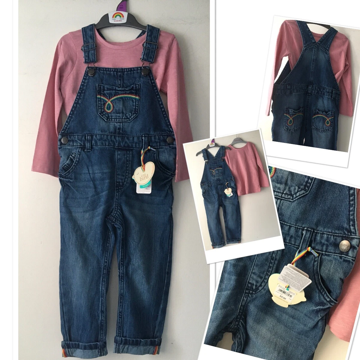 New tags Mothercare girls little bird dungarees Matalan new pink top 3 4 yrs