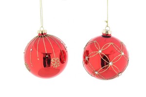 Palline Natale Vetro.Set 2 Palline Natale Rosso Lucido Decoro Oro 10 Cm Albero Natale Vetro Ebay