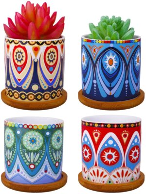 ROSE CREATE 4 PCS 3.2 Inch Mandala Ceramic Succulent Plant Pots  Bomboo Trays
