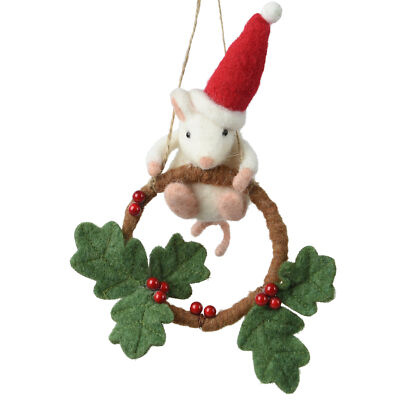 XL Mouse Ornament - Wool Mouse on Wreath Christmas Holiday Decoration