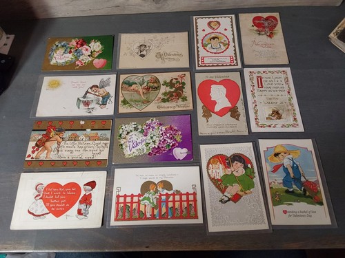 Lot 14 cartes postales anciennes Saint Valentin embellies en relief début 1900