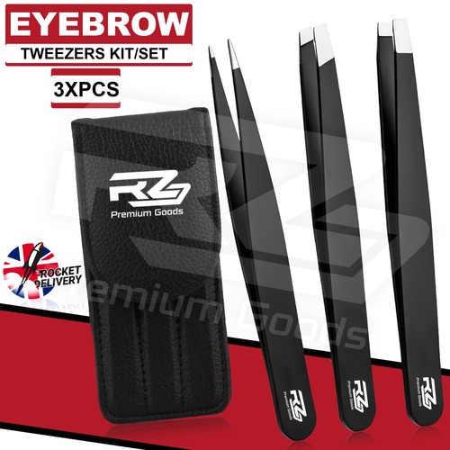 Tweezers Set 2-3-4 Piece Professional Stainless Steel Eyebrow Hair Pluckers Case - Picture 8 of 9