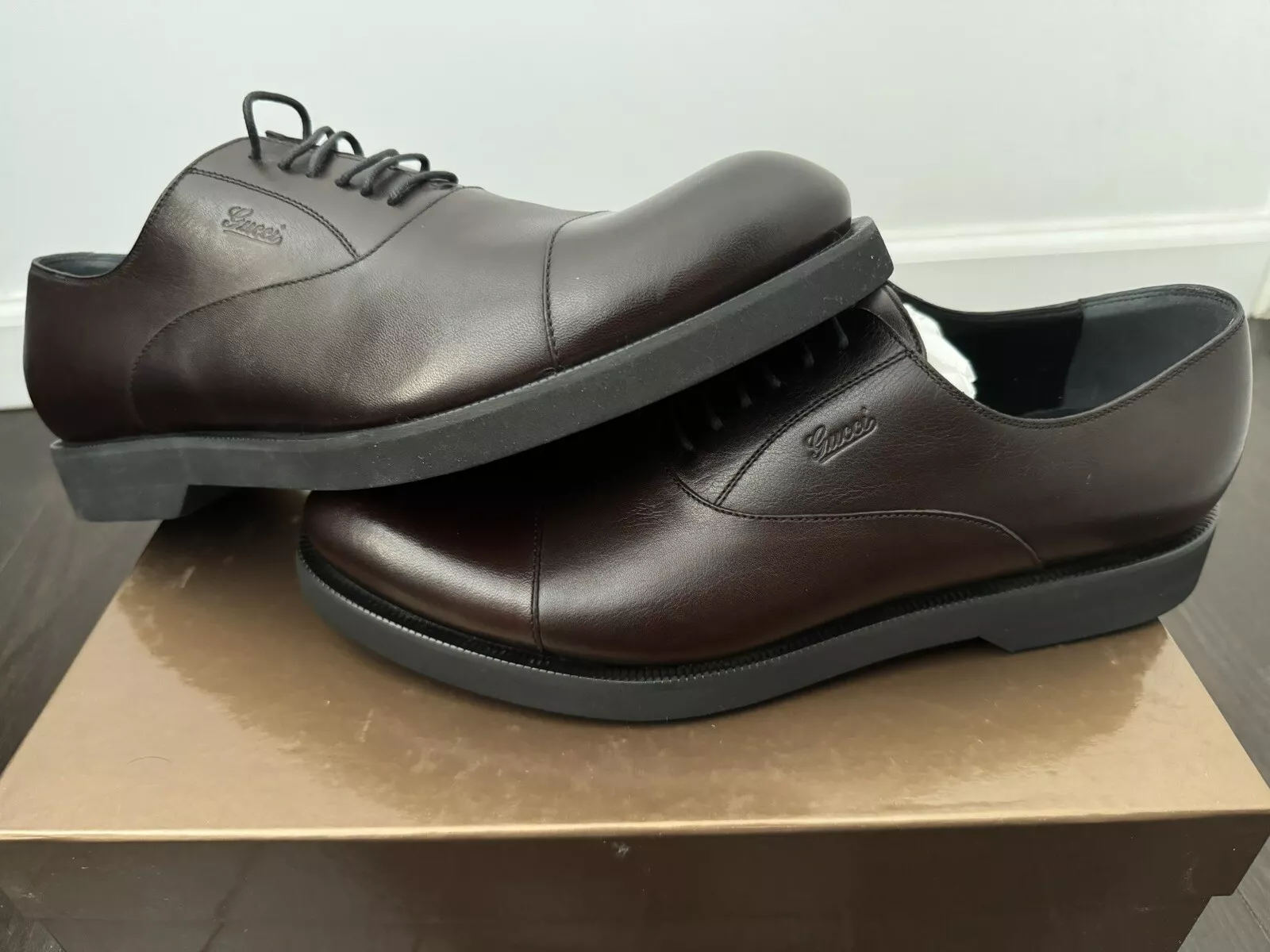 NEUF chaussures habillées homme Gucci en cuir à lacets Oxford marron taille 8 États Unis