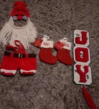 Santa Face bottom, Mr. Mrs. knitted Stockings JOY Needlepoint Wall Hanging