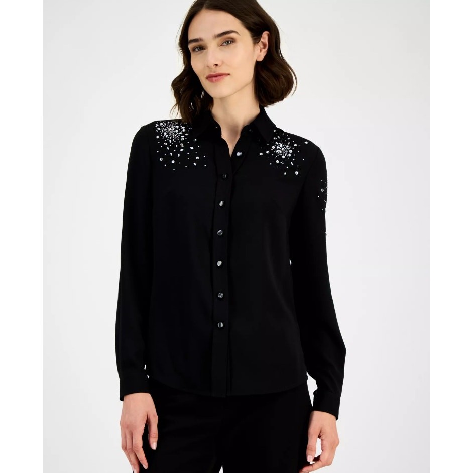 Anne Klein Women Black Crepe Embellished Long-Sleeve Button-Front Blouse Size M