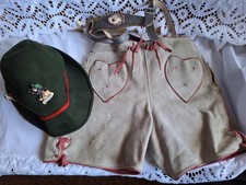 Vintage German Child Lederhosen GraySuede Leather Shorts Suspenders Bavarian Hat