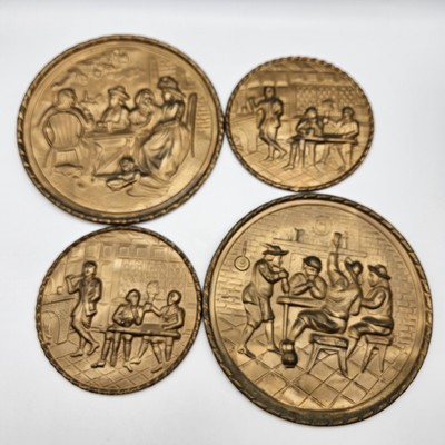 4 Vintage Brass English Pub Tavern Bar Scene Plaque Wall Hangings 3D Lot of 4