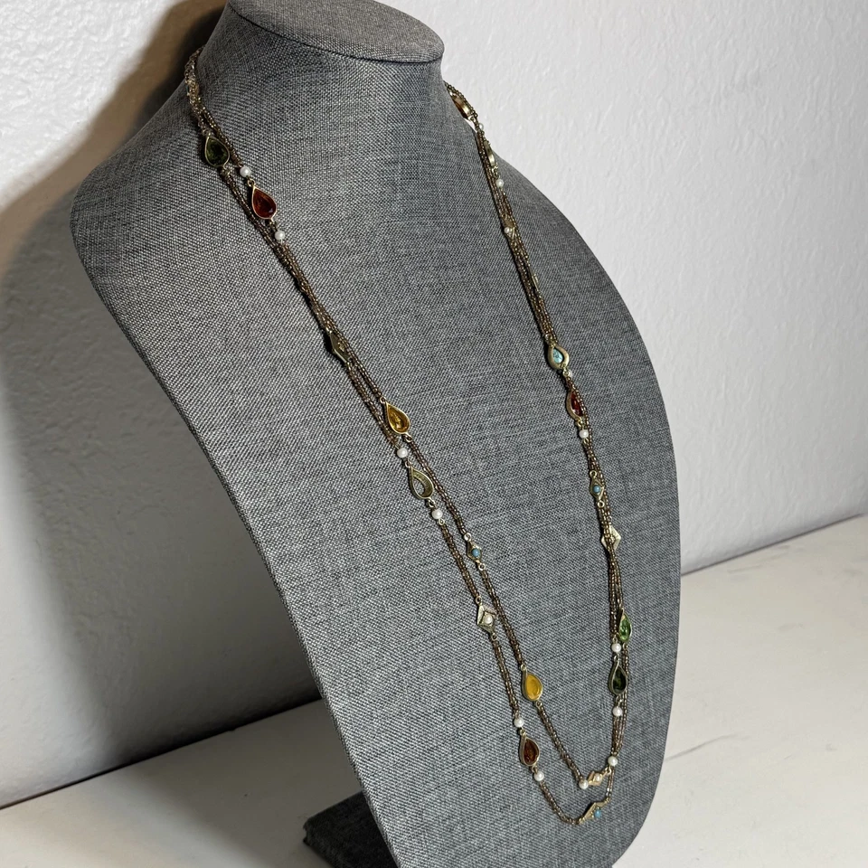 Ralph Lauren Necklace Double Strand Glass Bead Gemstone Pearl Drop 36 Inch Long - Image 3 of 4