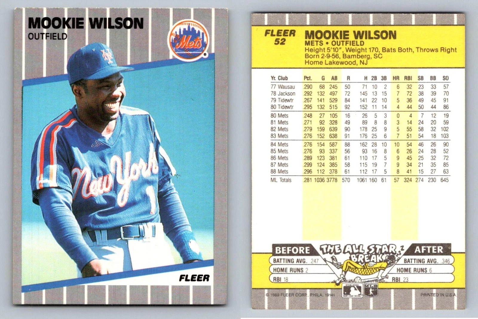 Mookie Wilson Outfield New York Mets Fleer 1989 Card 52 Sports Memorabilia