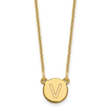 14k Yellow Gold  Tiny Circle Block Letter V Initial Pendant Necklace 18"