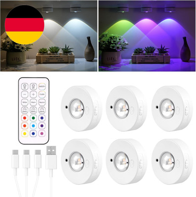 RGB LED Spots Akku Mit Fernbedienung, 6 Stück USB Aufladbar Vitrinenbeleuchtung 