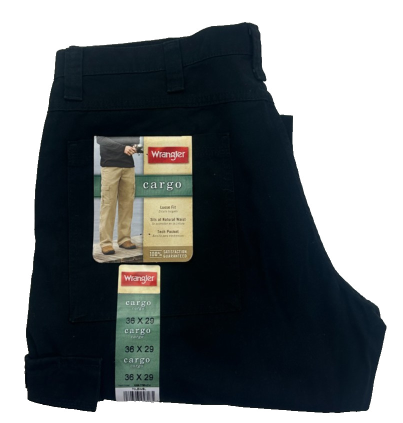 Wrangler Cargo Pants Loose Fit Mens Size W36 L29 Cotton Straight Black New 7090₽