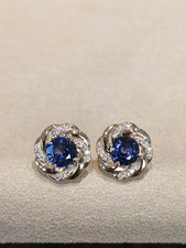 14K White Gold 0.92 Ct Round Certified Natural Blue Sapphire  Diamond Earring