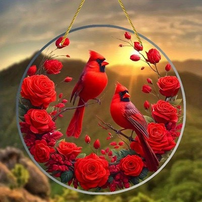 Vintage Acrylic Cardinal Rose Light Catcher Hanging Window Art Gift Bird Lovers