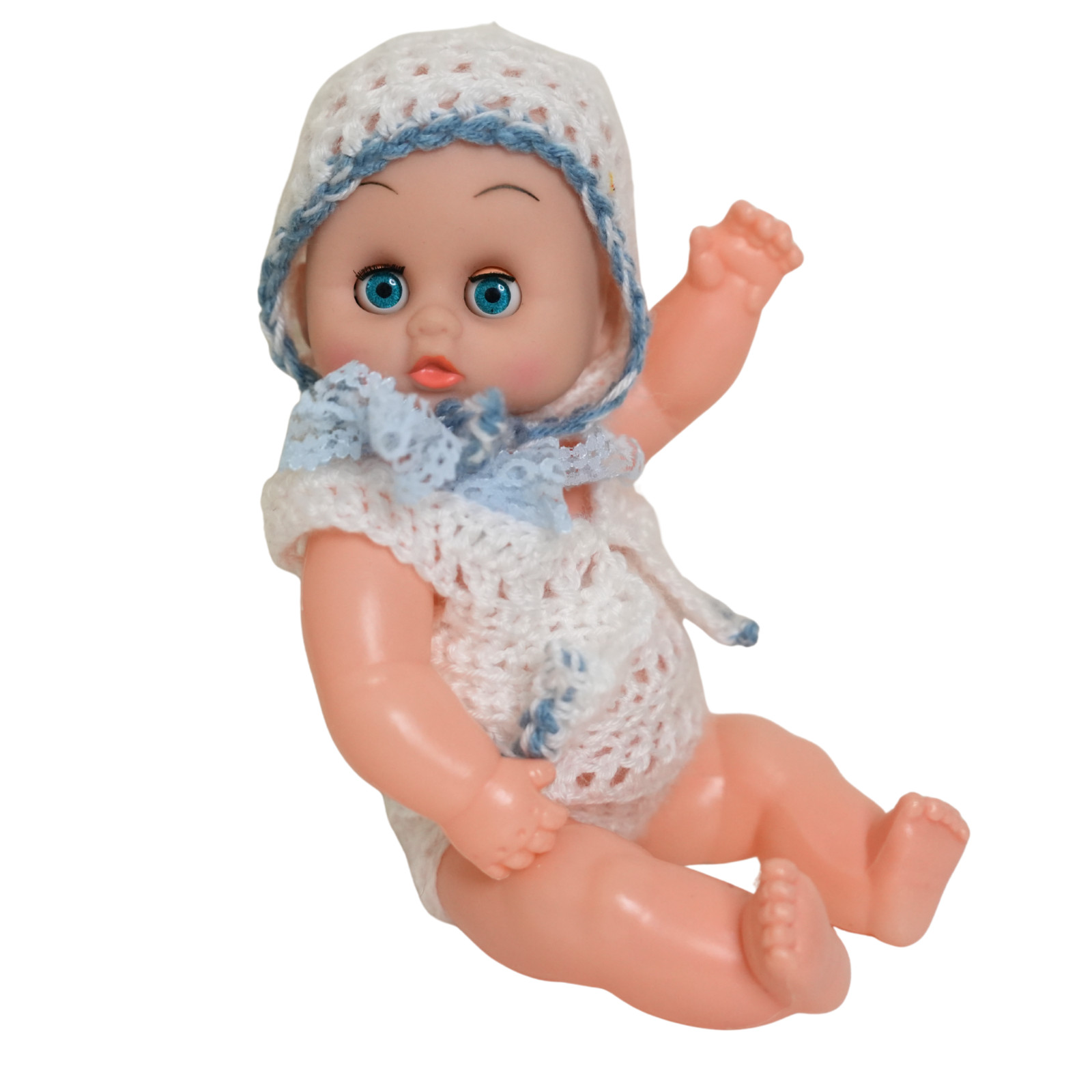 Vintage Baby Doll with Blue Eyes – Handmade Crochet Outfit – Small Plastic Doll image 2