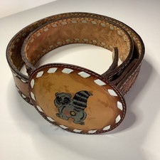 Vintage 80 s Tan Tooled Leather Coonass Buckle Belt Size 34 Wright Company