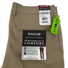 Haggar Men 34W x 32L Khaki Premium Flex Waistband Straight Fit Stretch Pants NWT