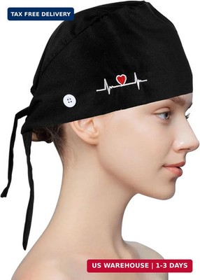 Black Adjustable Scrub Cap with Buttons & Sweatband Bouffant Work Hat Unisex USA
