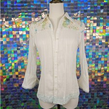 Vintage Y2K Floral Smocked Lace Trim Button D...