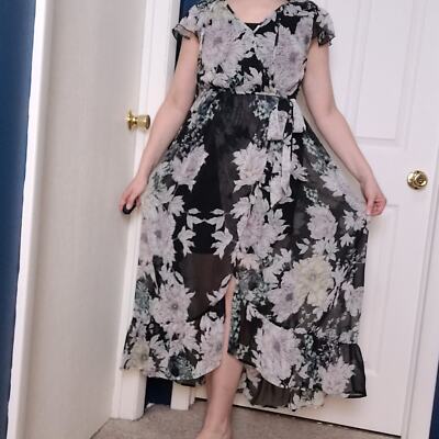 Band of Gypsies Maxi Dress Black Floral Surplice Tulip Sleeve Tie Faux Wrap | eBay Band of Gypsies Maxi Dress Black Floral Surplice Tulip Sleeve Tie Faux Wrap | eBay