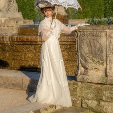 High Neck Long Sheer Sleeves Vintage Wedding Dress Victorian A Line Bridal Gown