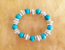 Boho Turquoise Silver Round Beaded Statement Stretch Bracelet Adjustable New