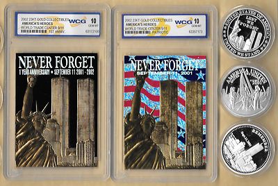 2002 23 Kt Gold World Trade Center 9/11 1st Black Patriotic 3 Coin Lot Silver