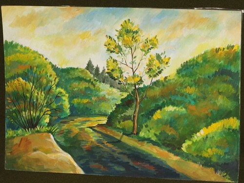 Quadro vintage impressionista guazzo foresta strada paesaggio - Foto 4 di 10