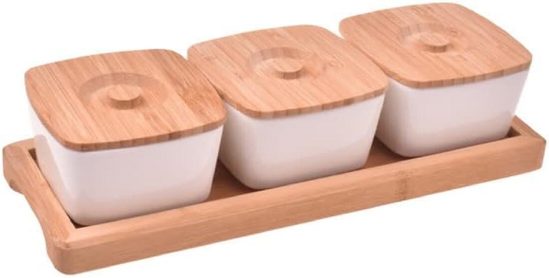 Set 7-teilig Dipschalen mit Bambusdeckel und Tablett aus Bambus, 29x11x8cm (B323