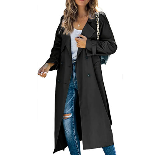 Damenmode lange Staubmantel Jacke zweireihig Gürtel Trenchcoat Mantel - Bild 5 von 23