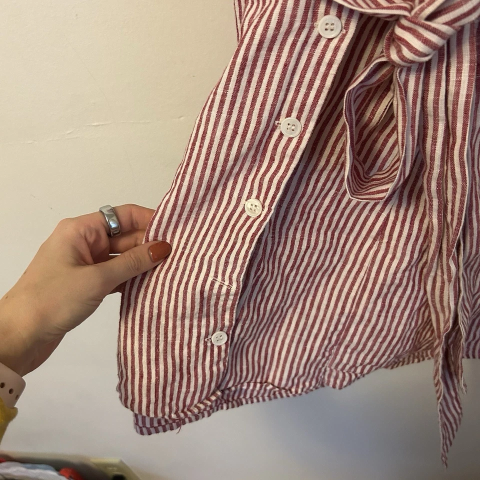 Reformation Cecilia Mini Dress Linen Pink White Striped Belt 6 - Missing Button - Image 4 of 4