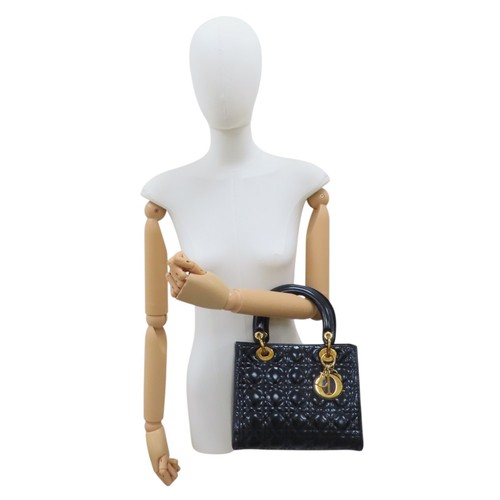 DIOR Cannage Lady Dior Shoulder Handbag Patent Leather Black Gold Metal - Picture 10 of 20