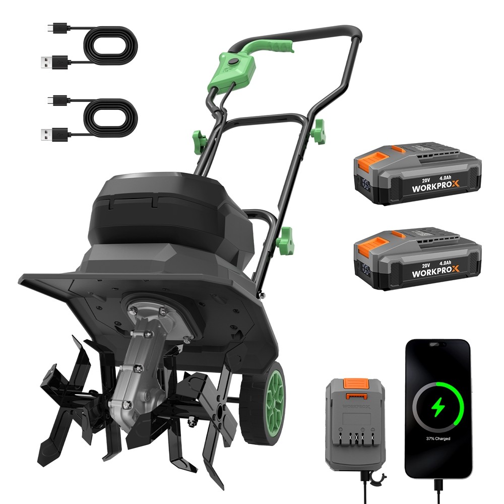 WORKPROX 40V Cordless Tiller Cultivator 12" Garden Rototiller 2PCS 4Ah Batteries