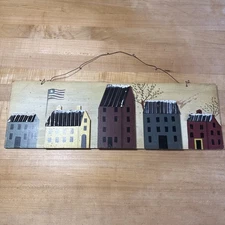 Primative Decorative Sign With 3 3D Houses And Two Are Painted Metal Roof 7x15x1