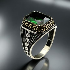 925 Sterling Silver Men's Zircon Ring Green Stone Bold Statement Jewelry