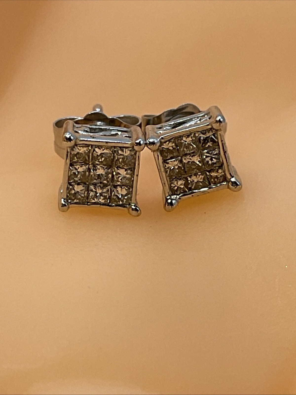 STUD Earrings Solid 14K White Gold Invisible Set … - image 18