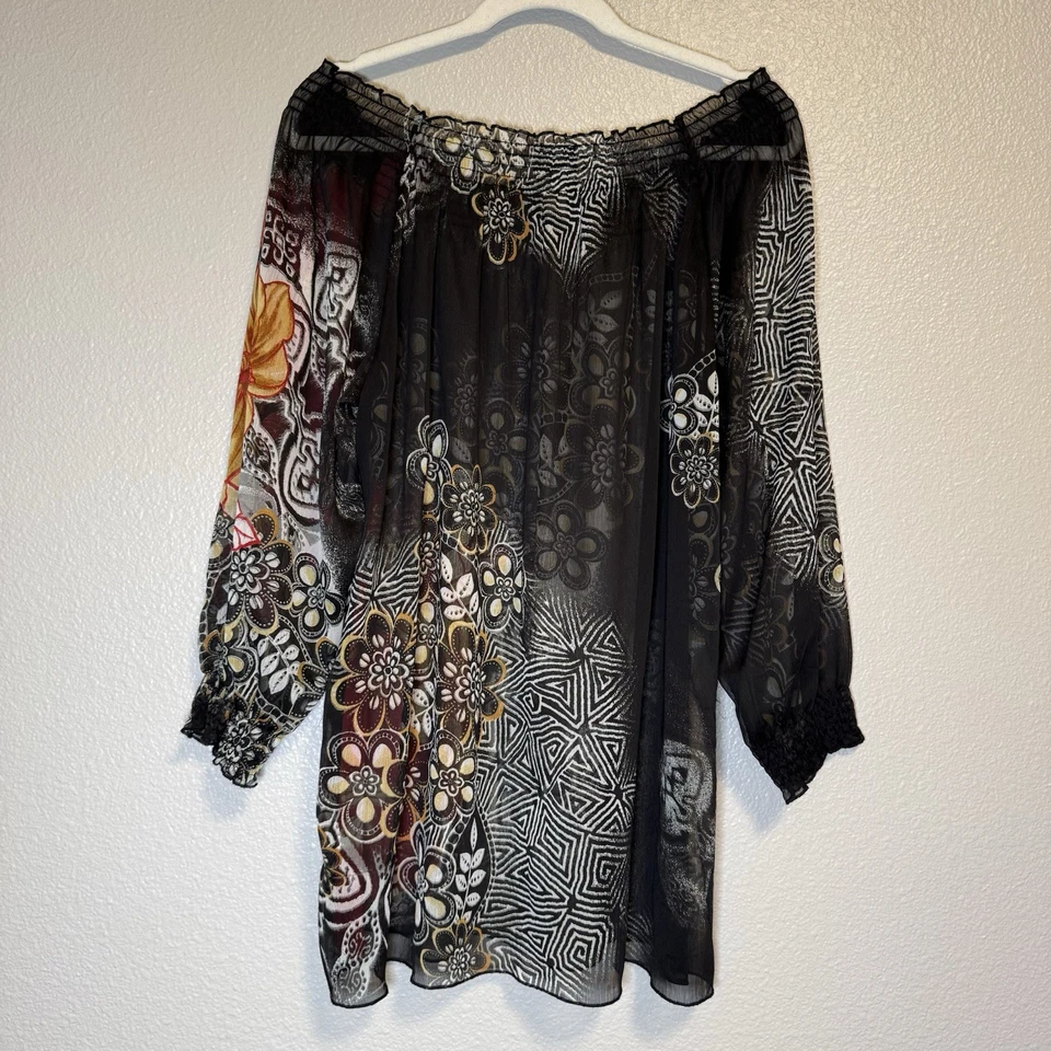 Additions by Chicos Blouse Size XL Sheer Smock Off Shoulder Y2K Art to Wear - Image 2 of 4